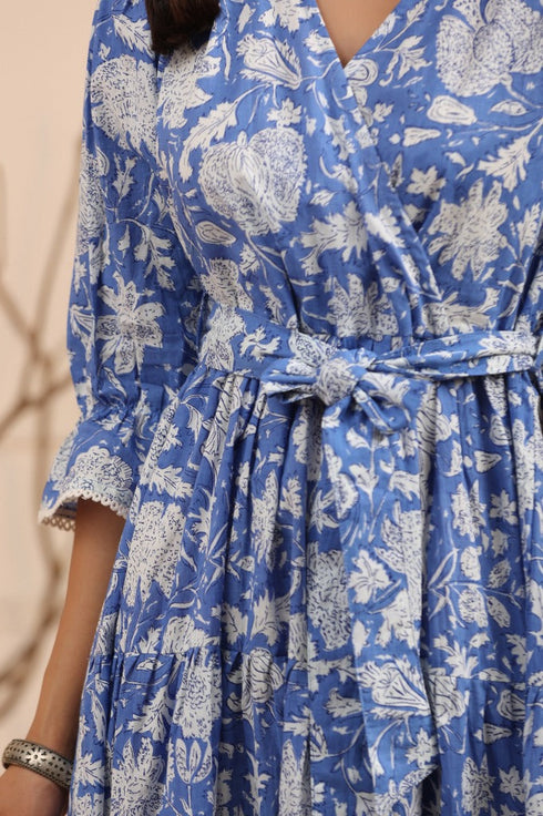 Women Blue and White Floral Fit & Flare Dress